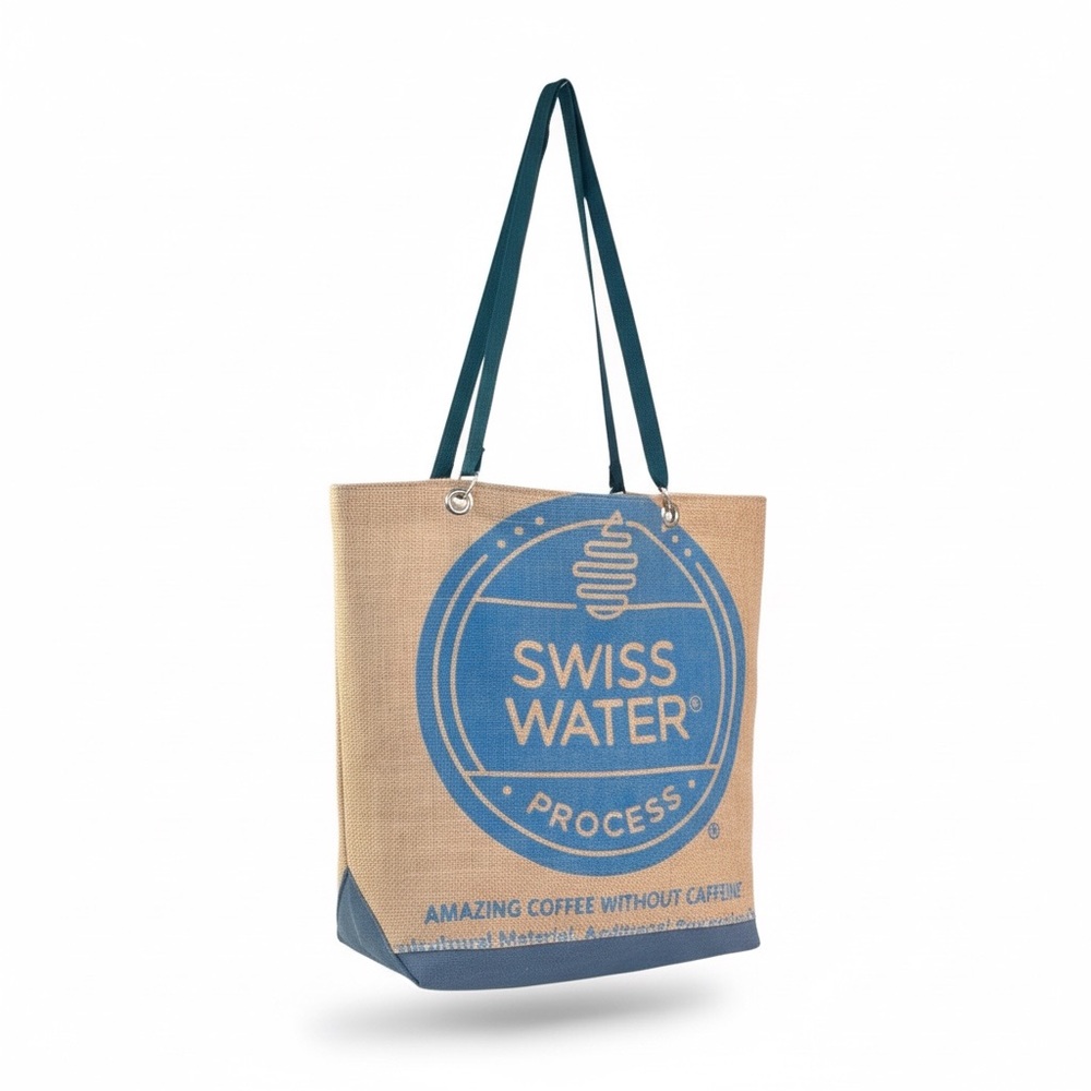 👜‎ Swiss Water Process Canvas Tote Bag Coffee Promo Blue Beige Reusable